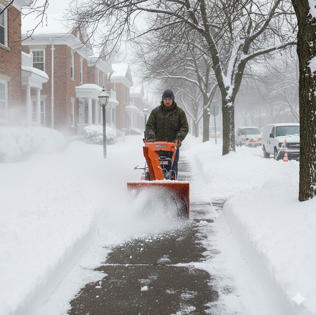 Professional commercial snow removal clearing a business driveway and parking lot