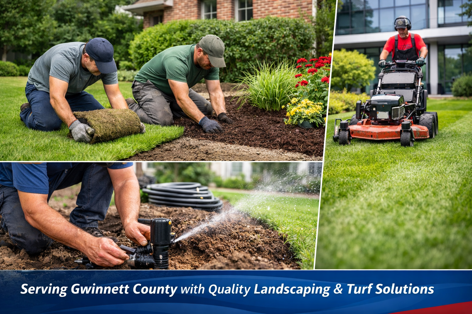 Professional landscaping collage showing workers installing turf, mulching flower beds, setting up irrigation systems, and maintaining lawns in homes and businesses across Gwinnett County, including Duluth, Lawrenceville, Suwanee, Norcross, and Snellville. Text overlay: ‘Serving Gwinnett County with Quality Landscaping & Turf Solutions.