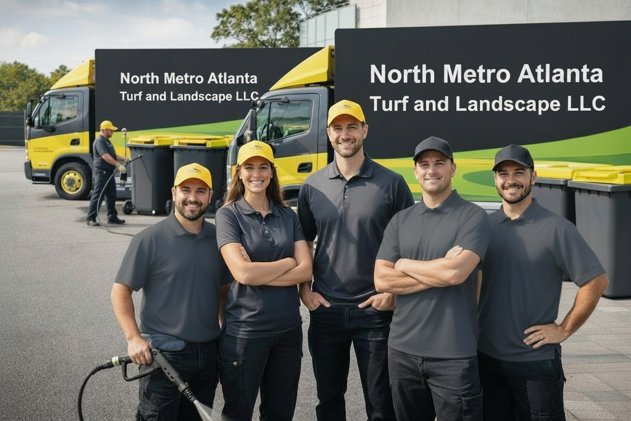 Professional landscaping team from North Metro Atlanta Turf and Landscape LLC standing confidently in front of branded yellow service trucks, equipped with pressure washer and ready for turf care and outdoor maintenance jobs.
