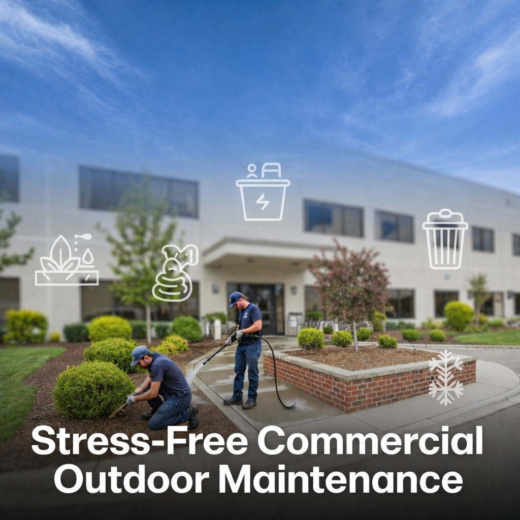 Commercial landscape maintenance crew providing landscaping, pressure washing, and outdoor property maintenance services in North Metro Atlanta