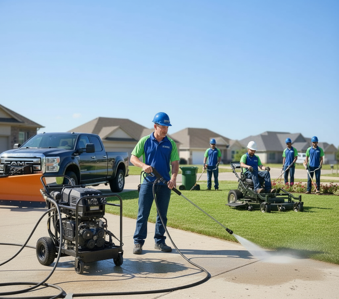 North Metro Atlanta Turf and Landscape LLC professional team using pressure washer on driveway with pickup truck, zero-turn mower, and homes in background for landscaping services.