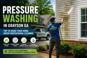 Pressure washing in Grayson GA removing dirt and mold from house exterior with professional cleaning service