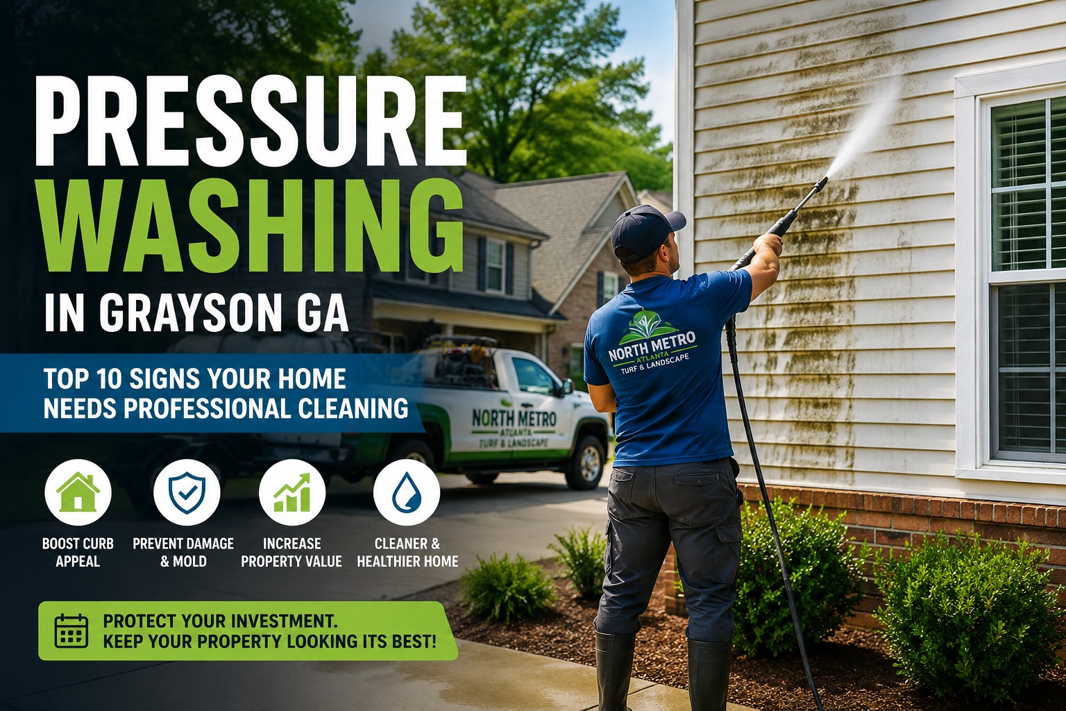 Pressure washing in Grayson GA removing dirt and mold from house exterior with professional cleaning service