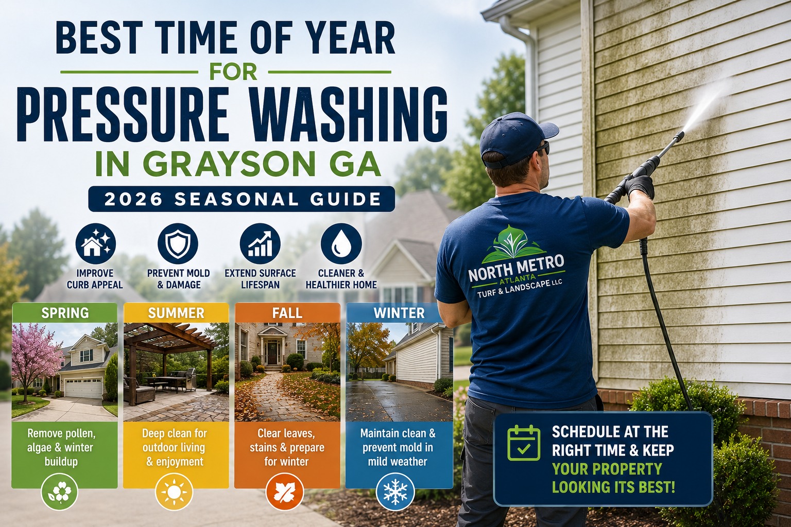 Best time for pressure washing in Grayson GA showing seasonal exterior house cleaning service