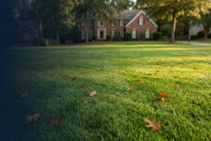 Healthy mowed green lawn in a Grayson, GA neighborhood in early fall