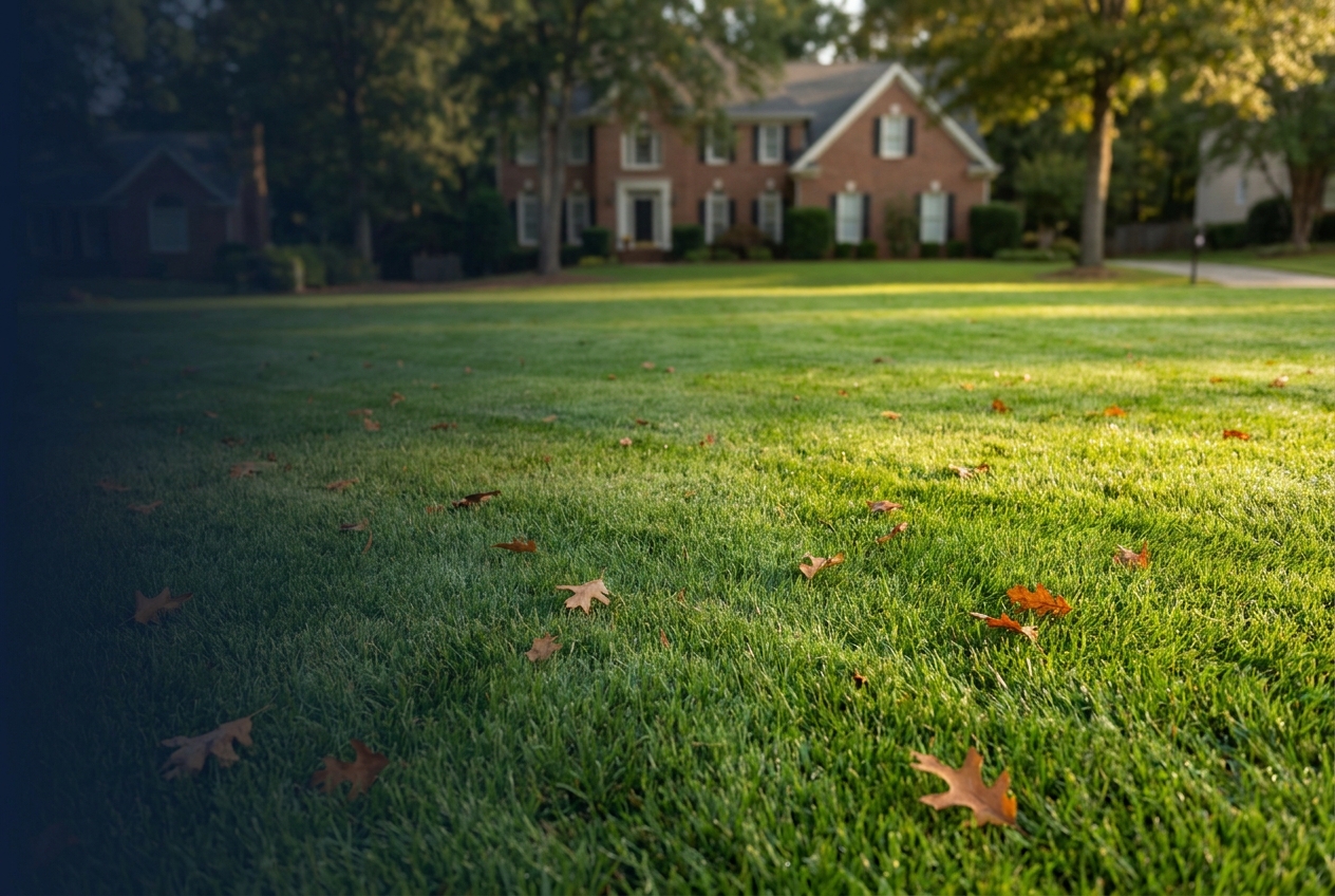Healthy mowed green lawn in a Grayson, GA neighborhood in early fall