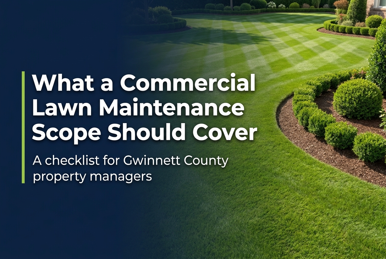 Graphic titled What a Commercial Lawn Maintenance Scope Should Cover over a striped commercial lawn