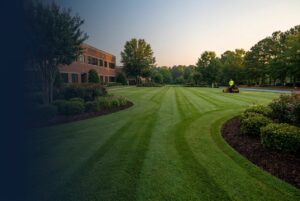 Professionally maintained commercial lawn with mowing stripes and edged beds in Gwinnett County, GA