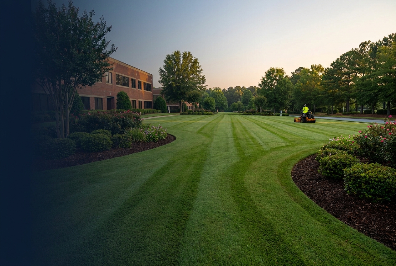 Professionally maintained commercial lawn with mowing stripes and edged beds in Gwinnett County, GA