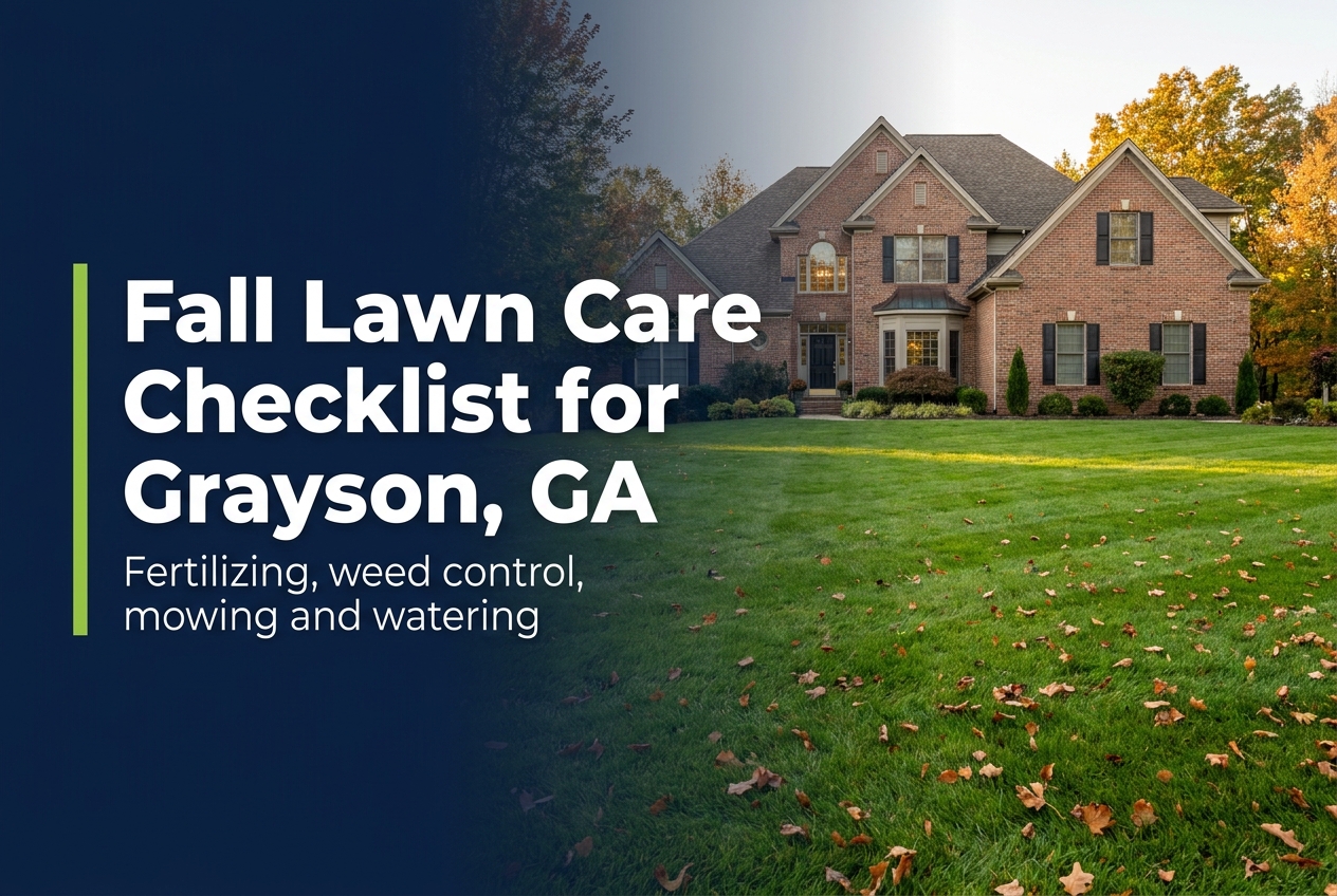 Fall Lawn Care Checklist for Grayson, GA Graphic titled Fall Lawn Care Checklist for Grayson, GA over a green autumn lawn in front of a brick home